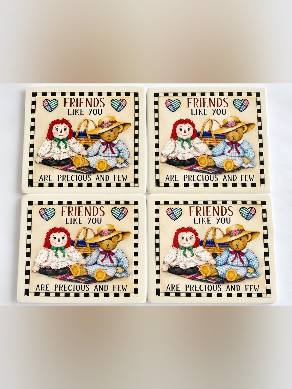 Absorbastone Coasters Raggedy Ann and Teddy Bear Friends 4 Coaster Set